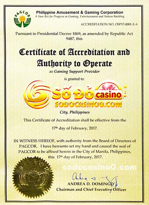 Giấy phép hoạt động của nhà cái SODO Casino được cấp bởi PAGCOR