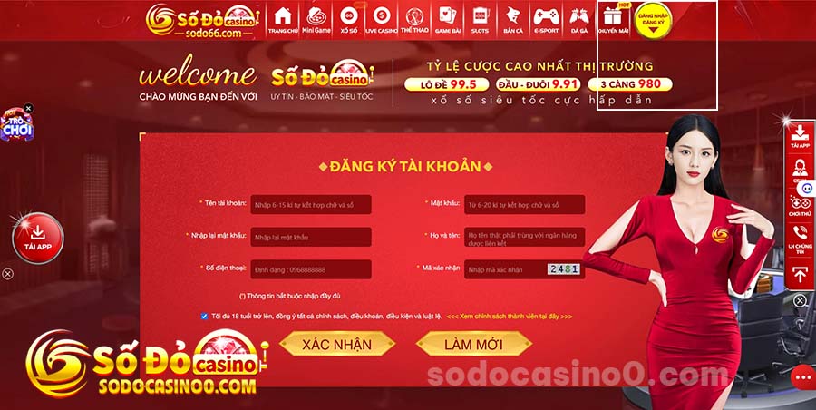 Form điền thông tin để đăng ký tài khoản nhà cái SODO Casino