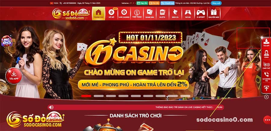 Nút tải app SODO Casino nằm ở góc bên phải màn hình